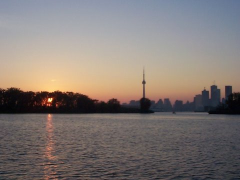 The view of downtown Toronto from the entrance to the Aquatic Sailing Park